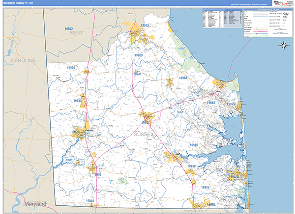 Sussex County, DE Zip Code Wall Map