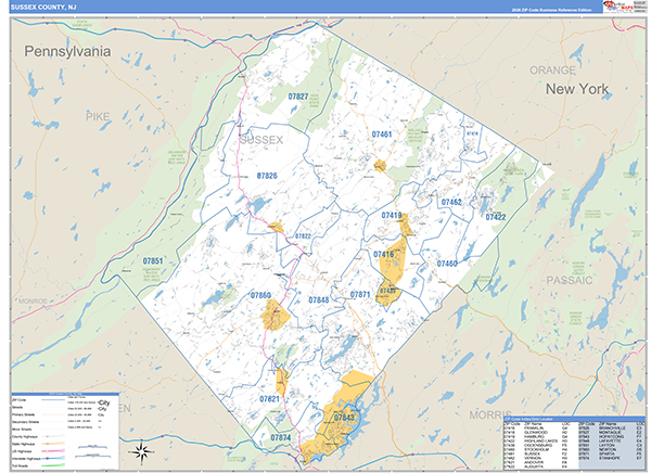 Sussex County, NJ Zip Code Map
