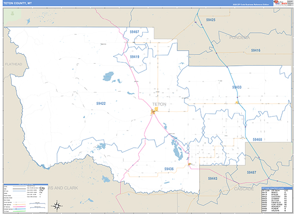 Teton County, MT Zip Code Wall Map