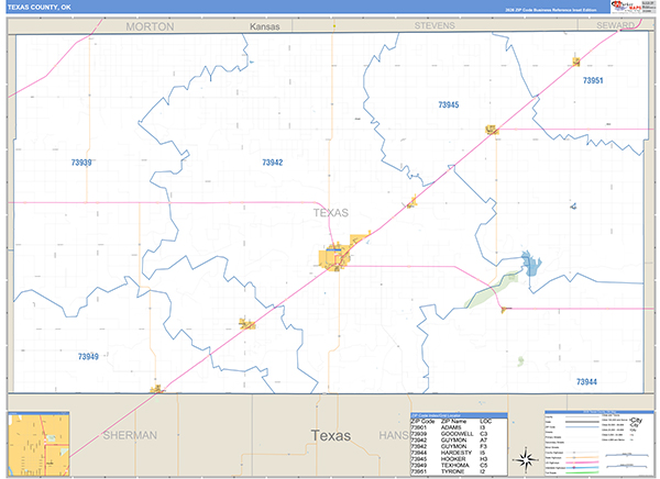 Texas County, OK Zip Code Wall Map