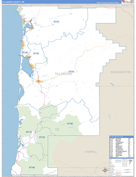 Tillamook County, OR Zip Code Wall Map