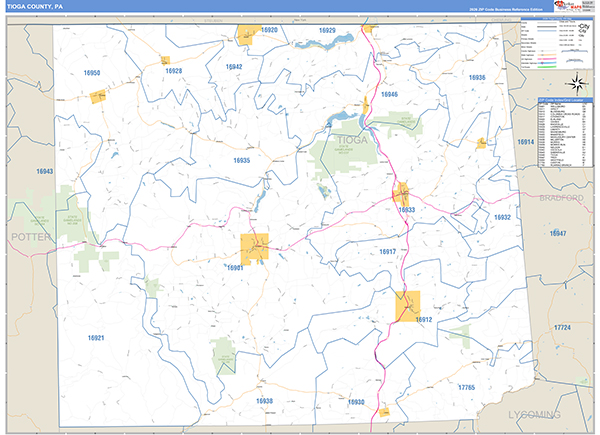 Tioga County, PA Wall Map Basic Style