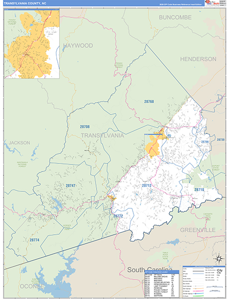 Transylvania County, NC Zip Code Wall Map