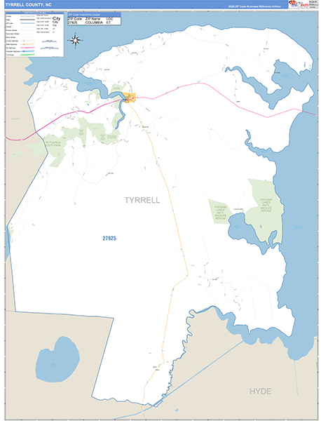 Tyrrell County, NC Zip Code Wall Map