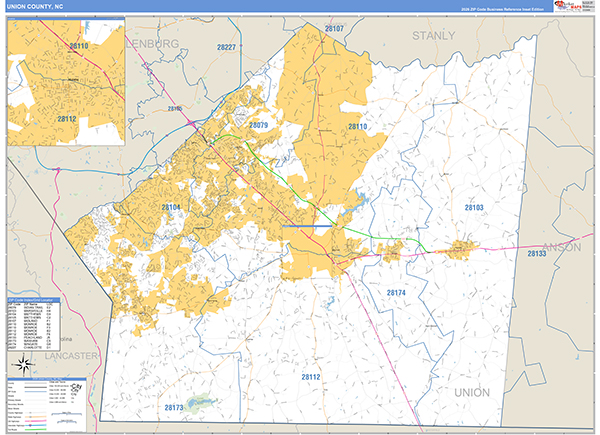 Union County, NC Zip Code Wall Map