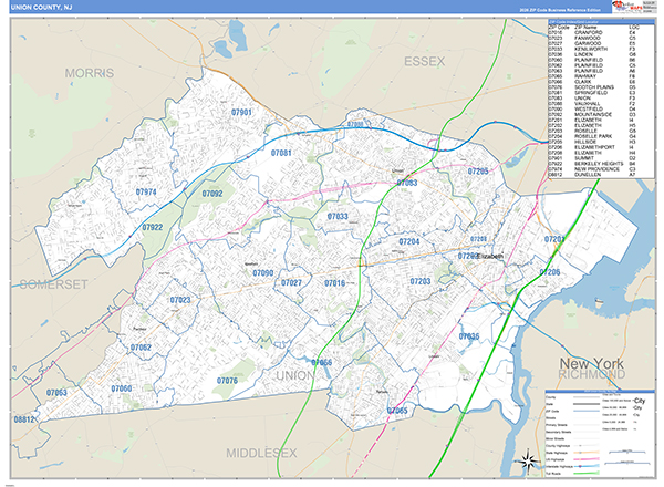 Union County, NJ Zip Code Map