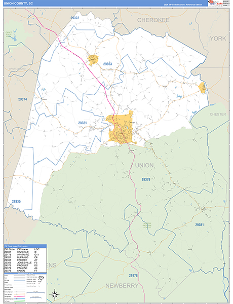Union County, SC Zip Code Wall Map