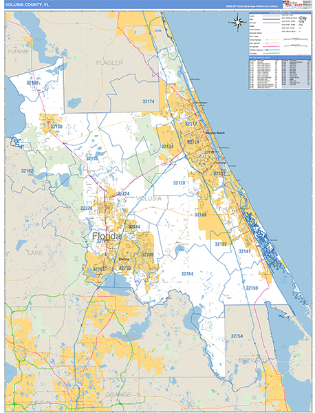 Volusia County, FL Zip Code Wall Map
