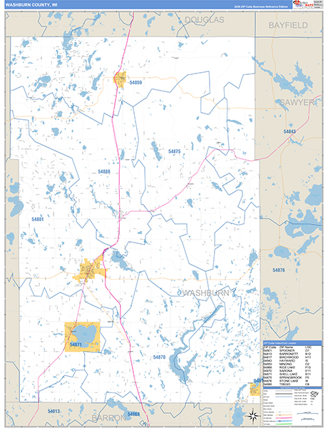 Washburn County, WI Zip Code Wall Map