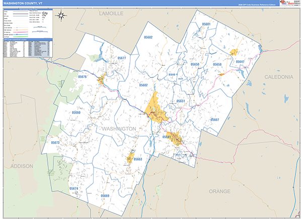 Washington County, VT Zip Code Wall Map