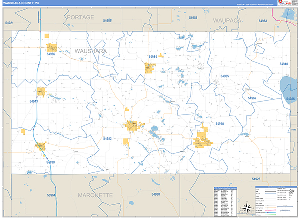 Waushara County, WI Zip Code Wall Map