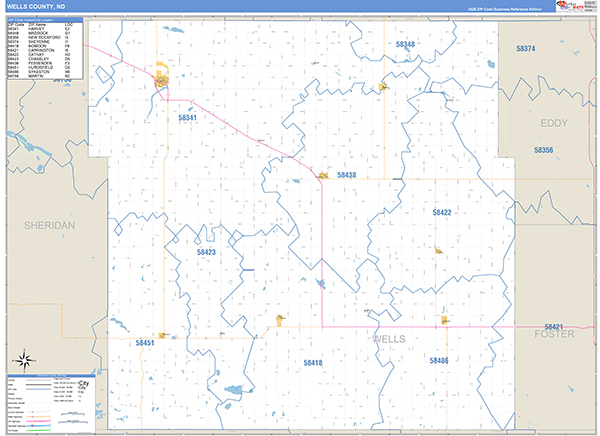 Wells County, ND Wall Map Basic Style