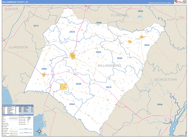 Williamsburg County, SC Zip Code Wall Map