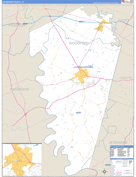 Woodford County, KY Zip Code Wall Map