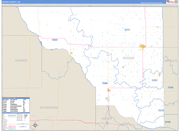 Woods County, OK Carrier Route Wall Map