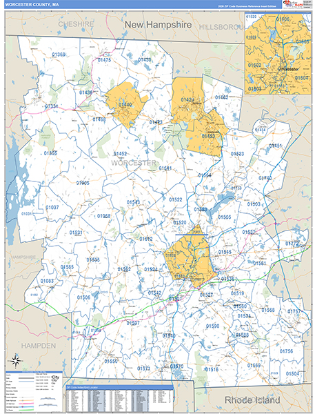 Worcester County, MA Zip Code Wall Map