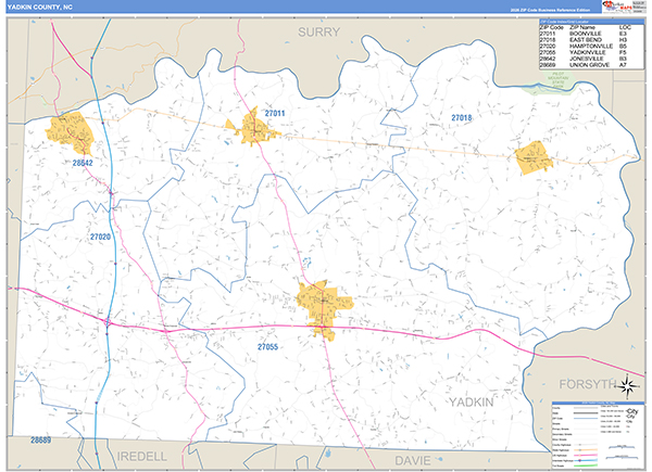 Yadkin County, NC Zip Code Wall Map