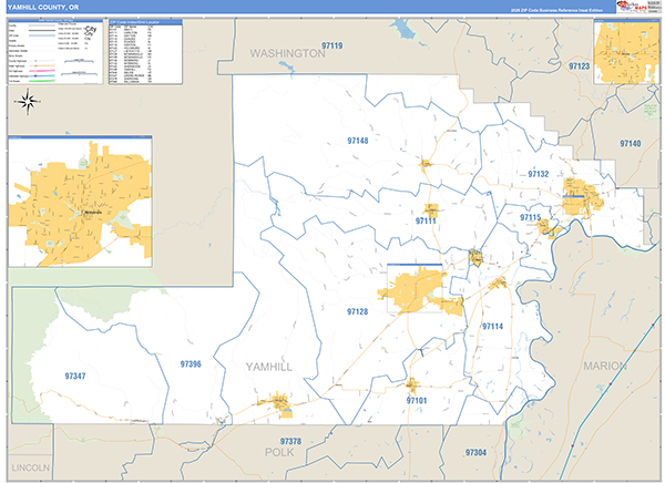 Yamhill County, OR Zip Code Wall Map