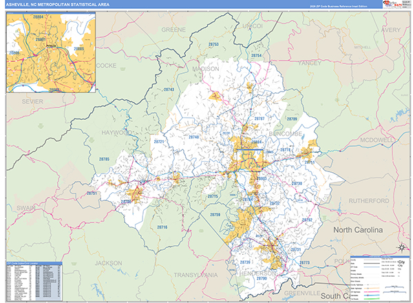 Asheville Metro Area Wall Map Basic Style