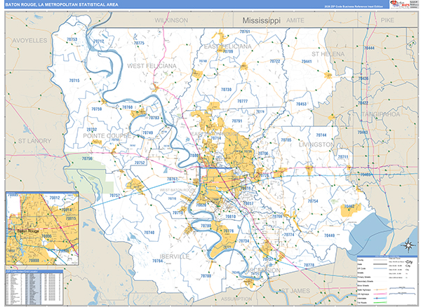 Baton Rouge, LA Metro Area Wall Map Basic Style by MarketMAPS - MapSales