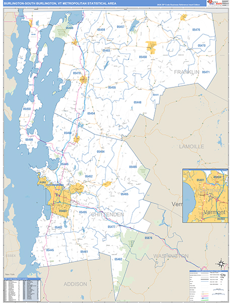 Burlington-South Burlington, VT Metro Area Wall Map Basic Style by ...