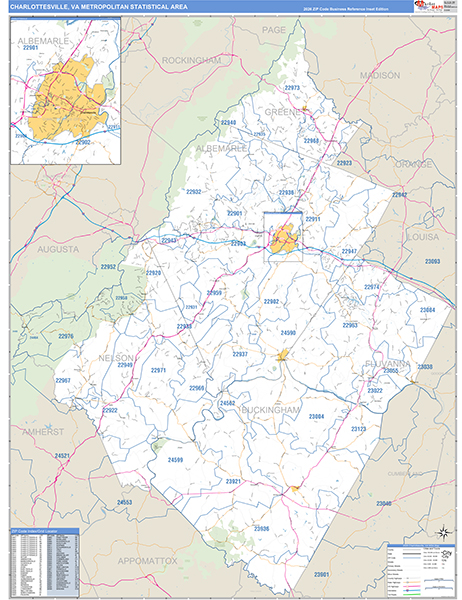Charlottesville Metro Area Wall Map Basic Style