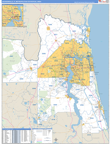 Jacksonville Metro Area Wall Map Basic Style