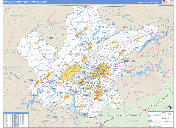 Knoxville Metro Area Wall Map Basic Style