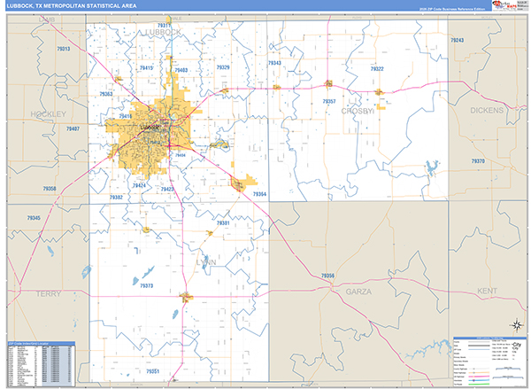 Lubbock Metro Area Zip Code Wall Map