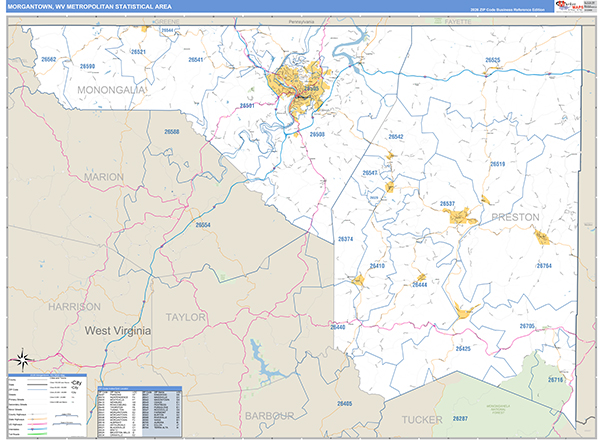 Morgantown Metro Area Wall Map Basic Style