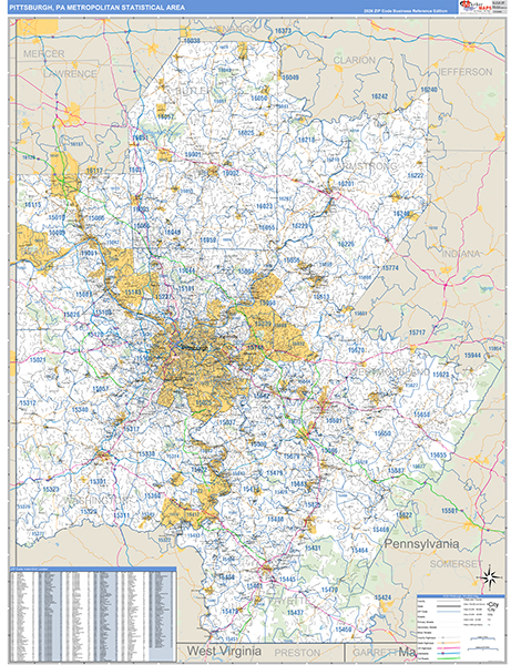 Pittsburgh Metro Area Wall Map Basic Style