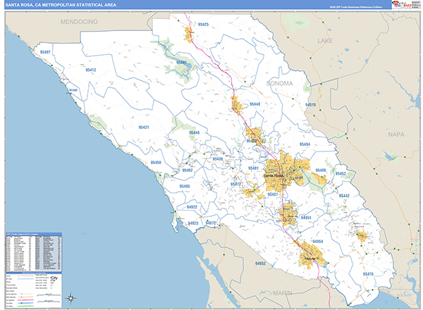 Santa Rosa, CA Metro Area Wall Map Basic Style by MarketMAPS - MapSales