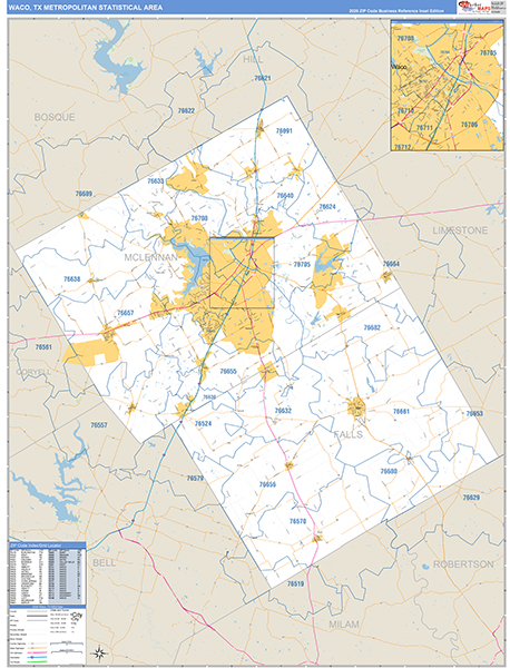 Waco Metro Area Zip Code Wall Map