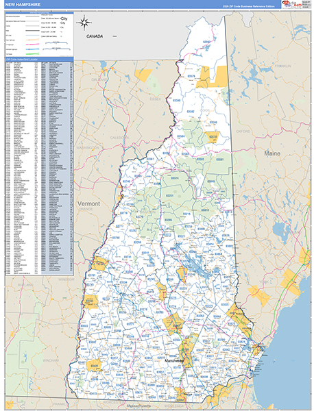 New Hampshire  Zip Code Wall Map