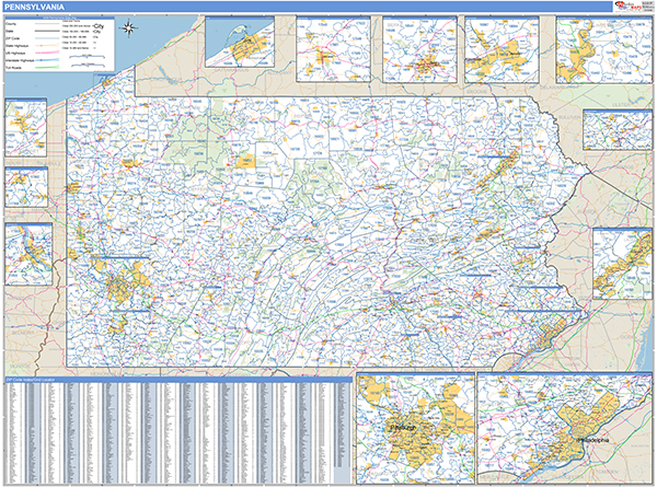 Pennsylvania  Zip Code Wall Map