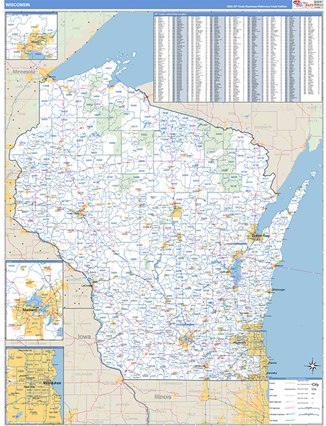 Wisconsin  Zip Code Wall Map