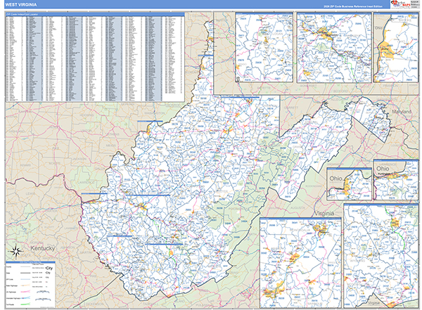 West Virginia  Zip Code Wall Map
