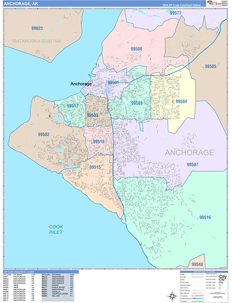 Anchorage City Wall Map Color Cast Style