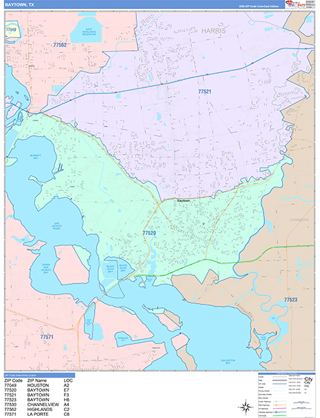 Baytown City Wall Map Color Cast Style