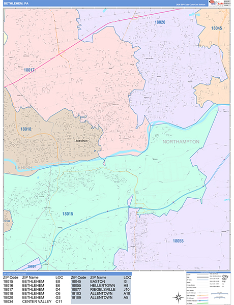 Bethlehem City Wall Map Color Cast Style