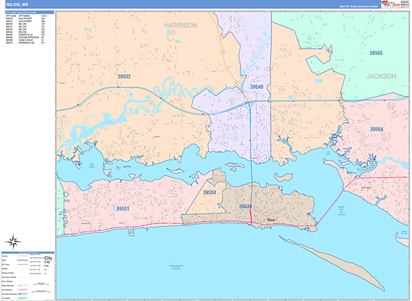 Biloxi City Wall Map Color Cast Style