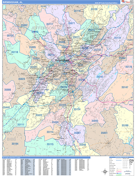 Birmingham City Wall Map Color Cast Style