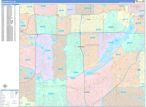 Bloomington City Wall Map Color Cast Style