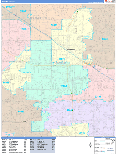 Buena Park, CA Wall Map Color Cast Style