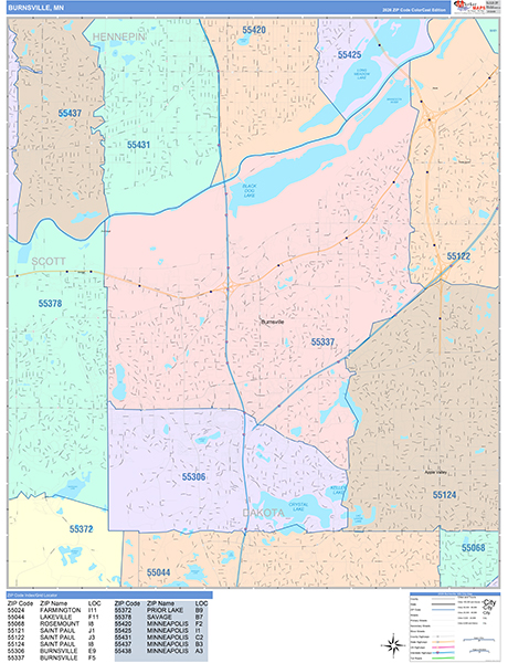 Burnsville City Wall Map Color Cast Style
