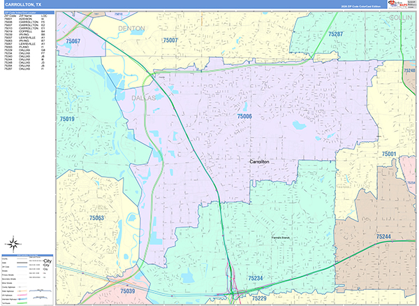 Carrollton City Wall Map Color Cast Style