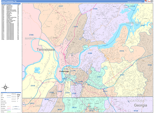 Chattanooga City Wall Map Color Cast Style