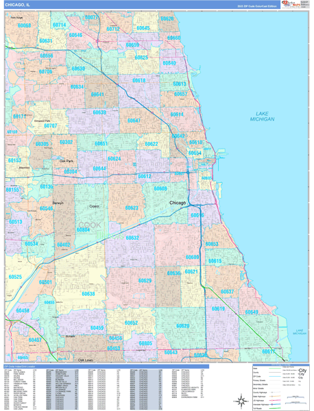 Chicago City Digital Map Color Cast Style