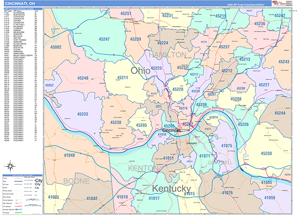 Cincinnati City Wall Map Color Cast Style