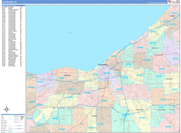 Cleveland City Wall Map Color Cast Style